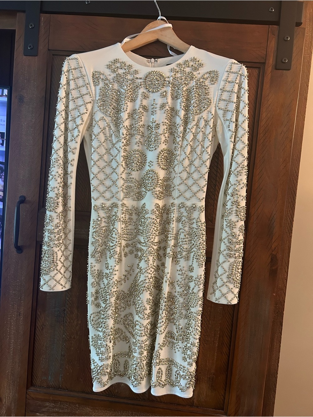 Gold-Beaded Ivory Long-Sleeve Cocktail Dress ,stretch material will fit size 2-4